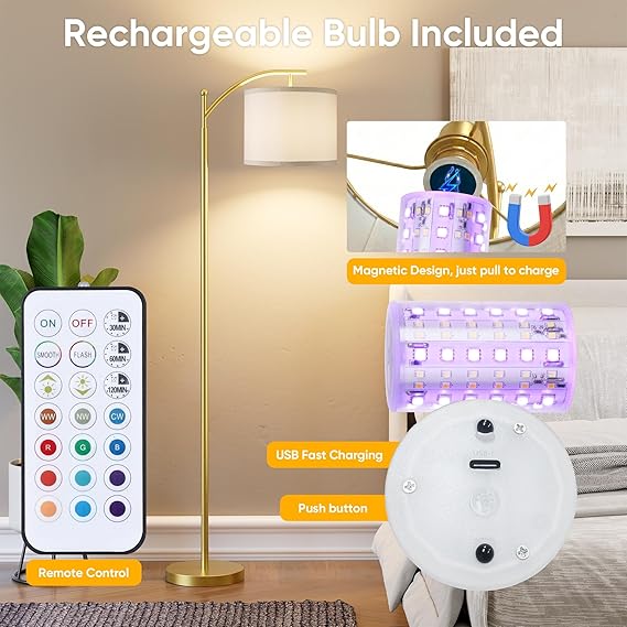 WAF-TOP  Battery Operated Floor Lamp, RGB Dimmable Cordless Standing Lamp with Remote Control for Living Room, Tall Floor Lamp for Bedroom -Gold