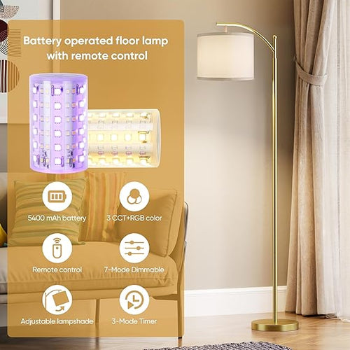 WAF-TOP  Battery Operated Floor Lamp, RGB Dimmable Cordless Standing Lamp with Remote Control for Living Room, Tall Floor Lamp for Bedroom -Gold