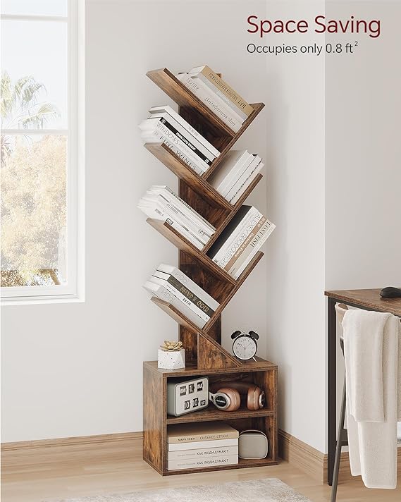 WAF-TOP Tier Tree Bookshelf, Small Bookcase with Storage Cabinet, Modern Tall Narrow Bookshelves Organizer, Floor Standing Book Shelf for Bedroom/Living Room/Home Office/Corner, Rustic Brown