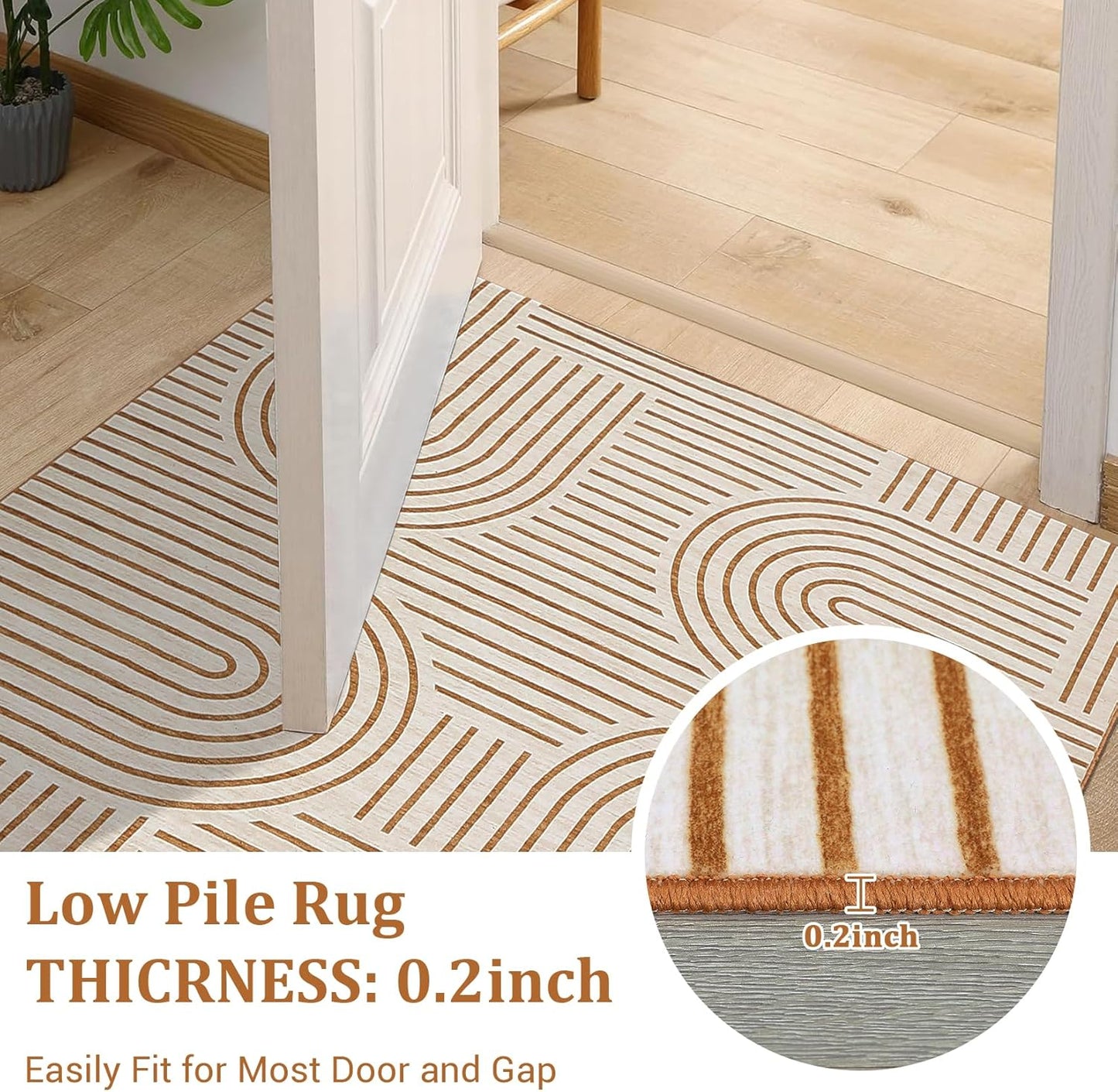 FLICKERGIFT Washable Rug 6x9 Area Rugs for Living Room, Abstract Rug for Bedroom, Soft Rainbow Non Slip Throw Rugs with Rubber, Low Pile Stain Resistant Boho Geometric Carpet for Dining Room, Orange