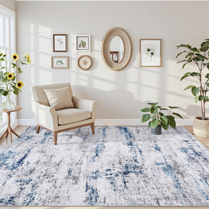 FLICKERGIFT Area Rug Living Room Rugs: 5x7 Large Soft Indoor Carpet Modern Abstract Rug with Non Slip Rubber Backing for Under Dining Table Nursery Home Office Bedroom White Gray Blue