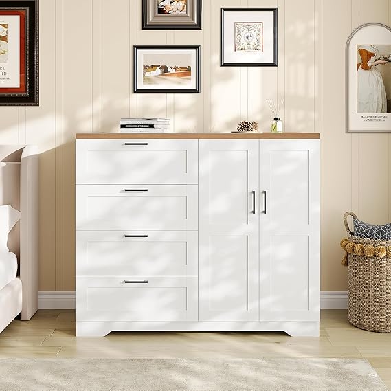 WAF-TOP 43.3'' H Armoire Wardrobe Closet with 4 Drawers and 2 Doors, Hanging Rod, Multifunctional Wooden Dresser with Storage Closet, Bathroom Cabinet for Bedroom, White