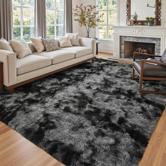 FLICKERGIFT  6x9 Ft Large Shag Rugs for Living Room Decor, Tie-Dyed Ultra Soft Fluffy Furry Area Rugs for Bedroom Indoor Floor, Aesthetic Carpet for Kids Home (Dark Grey)
