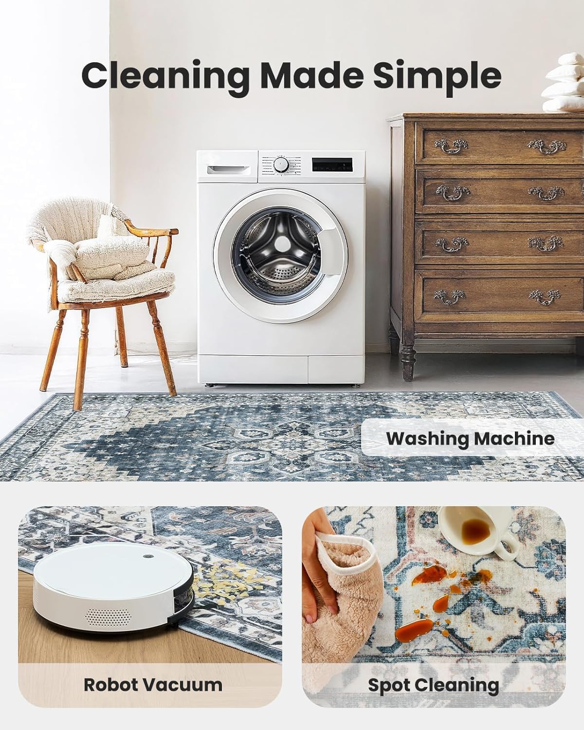 FLICKERGIFT HOMEFURNISHING 8x10 Washable Area Rug, Low-Profile with Non-Slip Backing & Durable Edge Binding, Vintage Large Rugs for Living Room, Bedroom, Dining Room, Blue