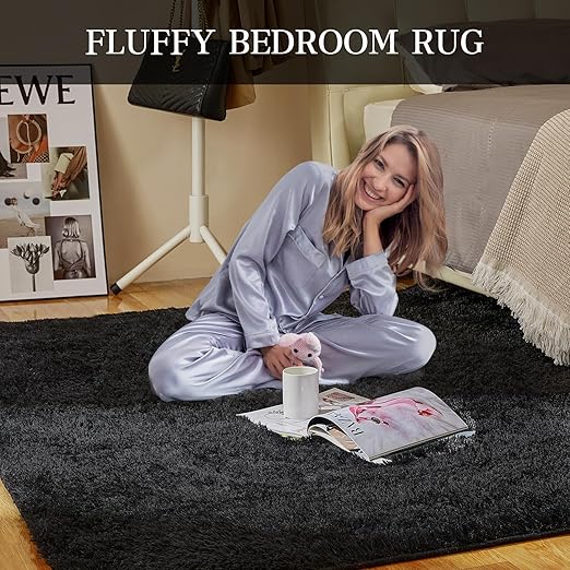 FLICKERGIFT Super Soft Area Rugs for Living Room 5x7 Black, Fluffy Furry Shaggy Fuzzy Area Rug, Upgrade Anti-Skid Rectangular, High Pile Soft Throw Rug for Bedroom and Kids Room, Home Decor Aesthetic