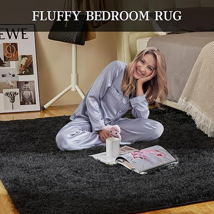 FLICKERGIFT Super Soft Area Rugs for Living Room 5x7 Black, Fluffy Furry Shaggy Fuzzy Area Rug, Upgrade Anti-Skid Rectangular, High Pile Soft Throw Rug for Bedroom and Kids Room, Home Decor Aesthetic