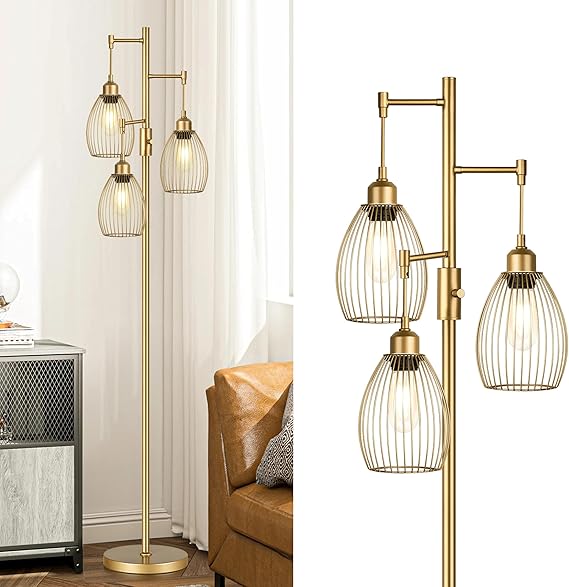 WAF-TOP Dimmable Gold Floor Lamps for Living Room, 3 Light Tall Floor Lamps for Bedroom with 3 Elegant Teardrop Cage Heads & 800 Lumens LED Edison Bulbs, for Living & Reading Room, Bedroom, Office & Nursery