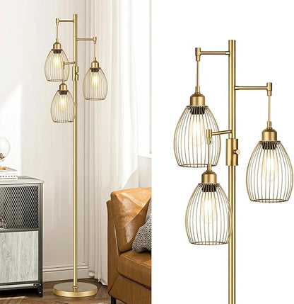 WAF-TOP Dimmable Gold Floor Lamps for Living Room, 3 Light Tall Floor Lamps for Bedroom with 3 Elegant Teardrop Cage Heads & 800 Lumens LED Edison Bulbs, for Living & Reading Room, Bedroom, Office & Nursery
