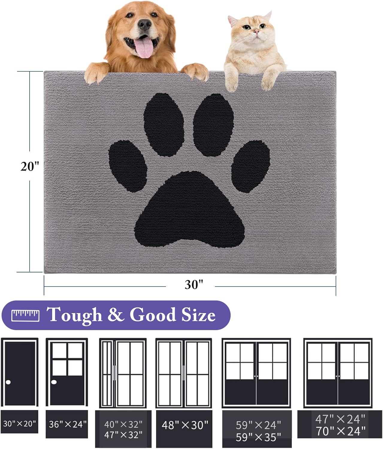 FLICKERGIFT Dog Door Mat for Muddy Paws, Absorbent Dirt Trapper Non Slip Indoor Doormats, Washable Low-Profile Mat for Mud Dogs, Entryway Carpet for Inside Floor (36x24 Inches, Grey)