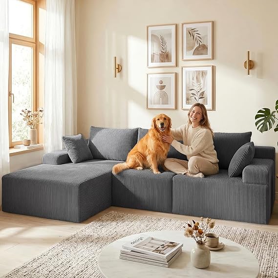 WAF-TOP 108" Boneless Sectional Couch,Corduroy Cloud Couch Sectional for Living Room,Modern L Shaped Modular Sectional Couch,3 Seater Sofa (Dark Gray, 108.9" L Shaped with Left Facing Chaise)