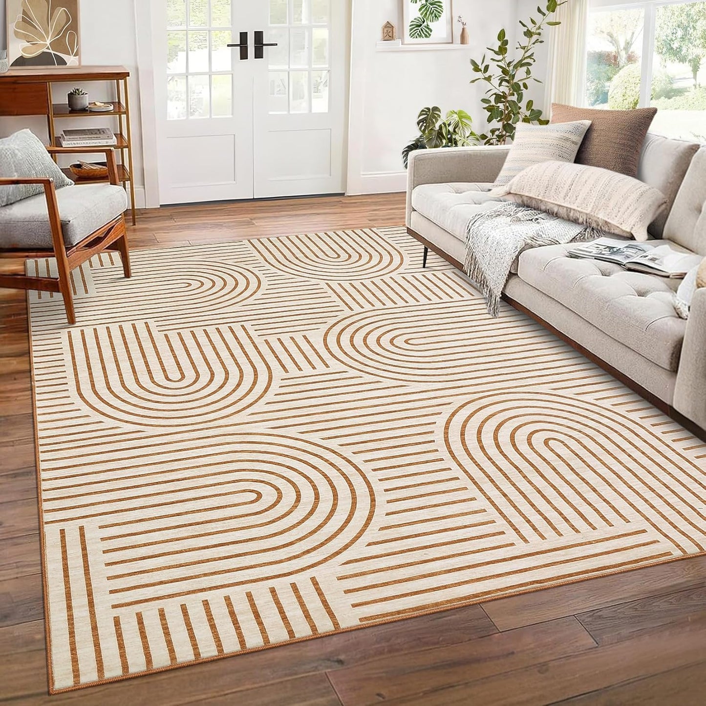 FLICKERGIFT Washable Rug 6x9 Area Rugs for Living Room, Abstract Rug for Bedroom, Soft Rainbow Non Slip Throw Rugs with Rubber, Low Pile Stain Resistant Boho Geometric Carpet for Dining Room, Orange