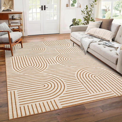 FLICKERGIFT Washable Rug 6x9 Area Rugs for Living Room, Abstract Rug for Bedroom, Soft Rainbow Non Slip Throw Rugs with Rubber, Low Pile Stain Resistant Boho Geometric Carpet for Dining Room, Orange
