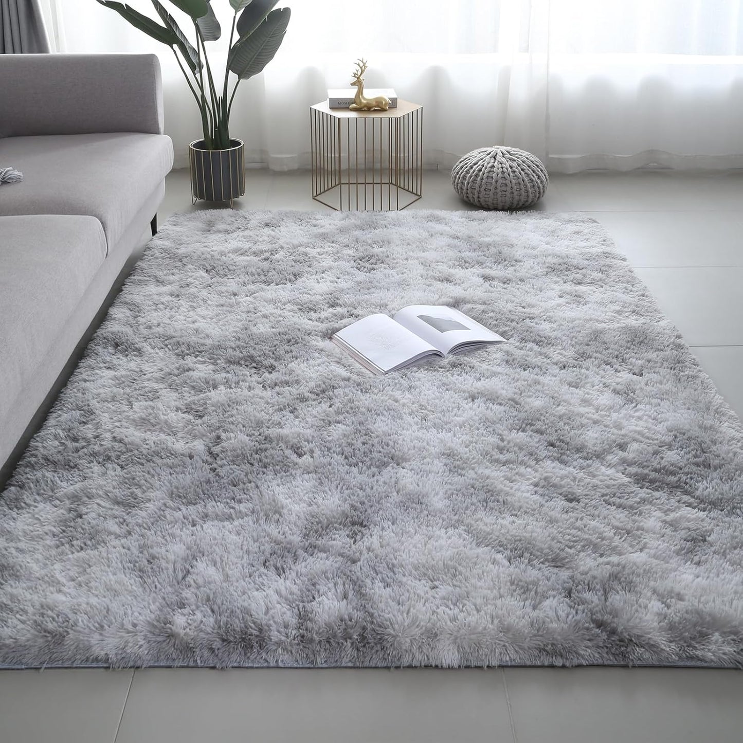 FLICKERGIFT Shag Area Rugs for Bedroom Living Room,8X10 Ultra Soft Fluffy Area Rugs for Dorm, Indoor Carpet Nursery Rugs for Kids Girls Room Home Decor,Tie-Dye Grey