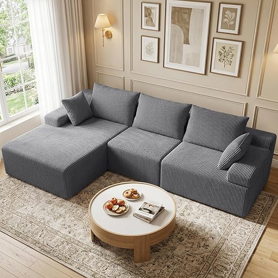 WAF-TOP 108" Boneless Sectional Couch,Corduroy Cloud Couch Sectional for Living Room,Modern L Shaped Modular Sectional Couch,3 Seater Sofa (Dark Gray, 108.9" L Shaped with Left Facing Chaise)