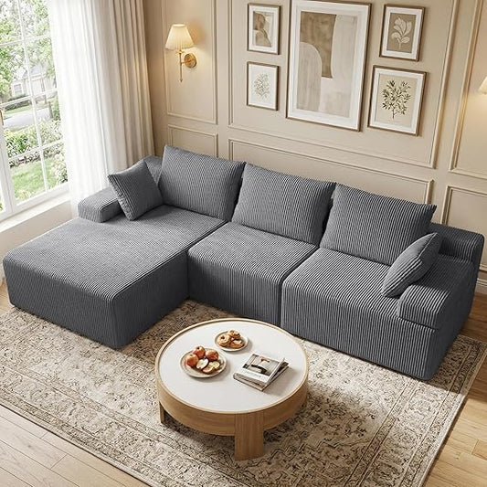 FLICKERGIFT 108" Boneless Sectional Couch,Corduroy Cloud Couch Sectional for Living Room,Modern L Shaped Modular Sectional Couch,3 Seater Sofa (Dark Gray, 108.9" L Shaped with Left Facing Chaise)