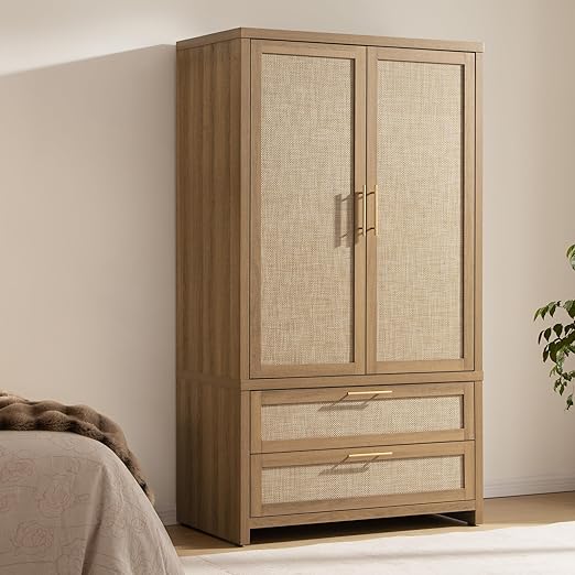 WAF-TOP Rattan Armoire Wardrobe Closet Cabinet, 71" Tall Wardrobe Storage Cabinet with 2 Drawers and Hanging Rod, Boho Large-Capacity Deep Armoire Clothes Organizer for Bedroom, Cloak Room, Oak