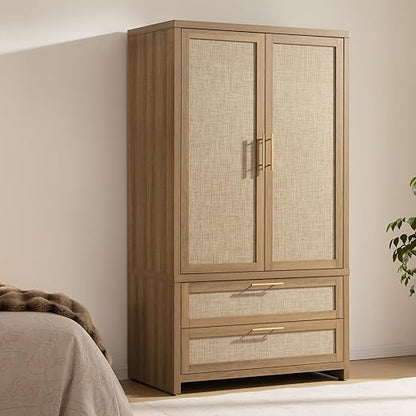 FLICKERGIFT Rattan Armoire Wardrobe Closet Cabinet, 71" Tall Wardrobe Storage Cabinet with 2 Drawers and Hanging Rod, Boho Large-Capacity Deep Armoire Clothes Organizer for Bedroom, Cloak Room, Oak