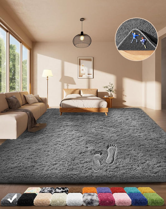 FLICKERGIFT  Area Rugs for Living Room Bedroom, Washable Non-Slip Fluffy Soft Grey Shag Carpet, Indoor Floor Gray 4x6 Fuzzy Shaggy Living Room Plush Rug for Kids Home Dorm Decor Aesthetic