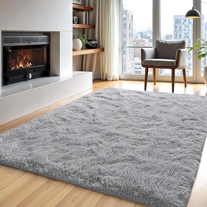 FLICKERGIFT Area Rugs for Living Room Grey Rugs for Bedroom 4x6 Carpet Fluffy Furry Soft Shag Aesthetic Plush High Pile Gray Throw Rug for Nursery Kids Room Dorm