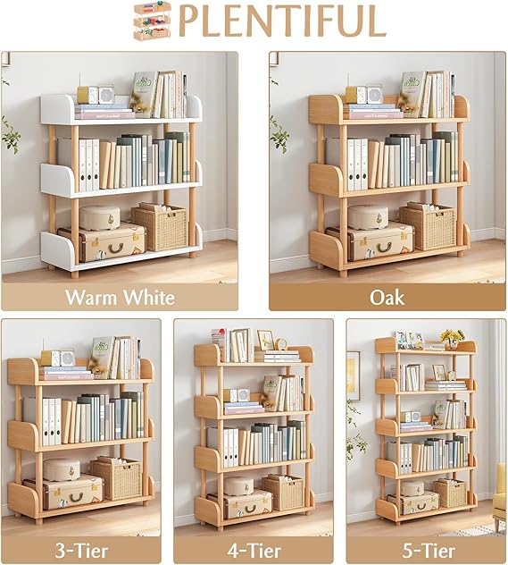 WAF-TOP 3-Tier Wooden Open Bookcase - Modern Display Bookshelf with Top Edge and Solid Wood Frame for Home and Office, Storage Cabinet, Oak