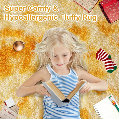FLICKERGIFT Soft Fluffy Rug for Living Room, 4x6 Tie-Dyed Yellow Shag Area Rug for Bedroom Living Room, Non-Slip Fuzzy Carpet for Girls Boys Kids, Throw Rugs for Dorm, Modern Home Decor Aesthetic
