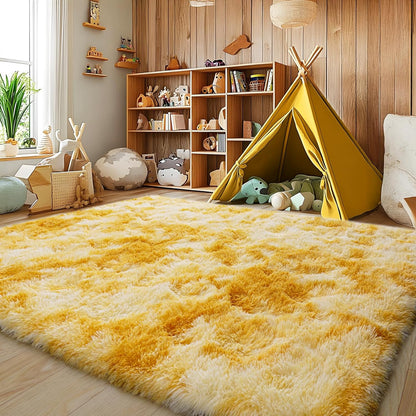 FLICKERGIFT Soft Fluffy Rug for Living Room, 4x6 Tie-Dyed Yellow Shag Area Rug for Bedroom Living Room, Non-Slip Fuzzy Carpet for Girls Boys Kids, Throw Rugs for Dorm, Modern Home Decor Aesthetic