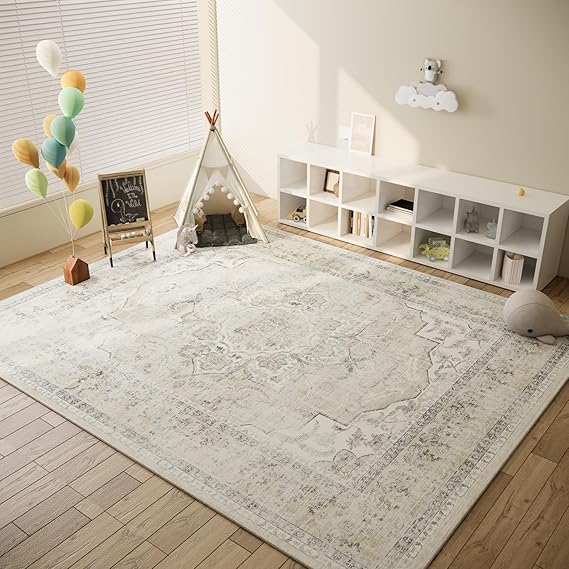 FLICKERGIFT 8x10 Area Rugs for Living Room: Washable Rug Non Slip Low Pile Soft Faux Wool Non Shedding Vintage Boho Large Carpet Rugs for Bedroom Dining Room Kitchen Nursery Under Table Home Office Farmhouse