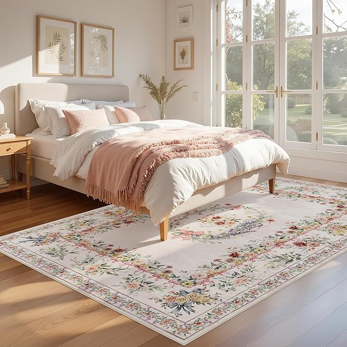 FLICKERGIFT Floral Bow Print 8x10 Area Rugs, Washable Pink Rugs for Bedroom Girls Nursery, Boho Ultra-Thin Soft Non Slip Carpet for Playroom Kids Room Living Room Classroom Decor, Light Pink