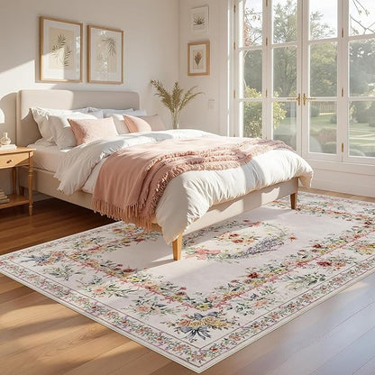 FLICKERGIFT Floral Bow Print 8x10 Area Rugs, Washable Pink Rugs for Bedroom Girls Nursery, Boho Ultra-Thin Soft Non Slip Carpet for Playroom Kids Room Living Room Classroom Decor, Light Pink