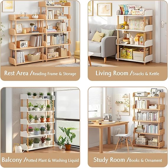WAF-TOP 5-Tier Wooden Open Bookcase - Modern Display Bookshelf with Top Edge and Solid Wood Frame for Home and Office, Storage Cabinet, Oak