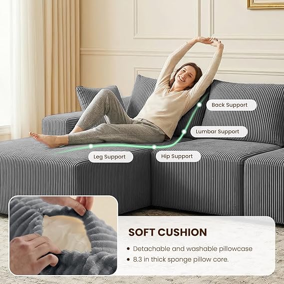 WAF-TOP 108" Boneless Sectional Couch,Corduroy Cloud Couch Sectional for Living Room,Modern L Shaped Modular Sectional Couch,3 Seater Sofa (Dark Gray, 108.9" L Shaped with Left Facing Chaise)