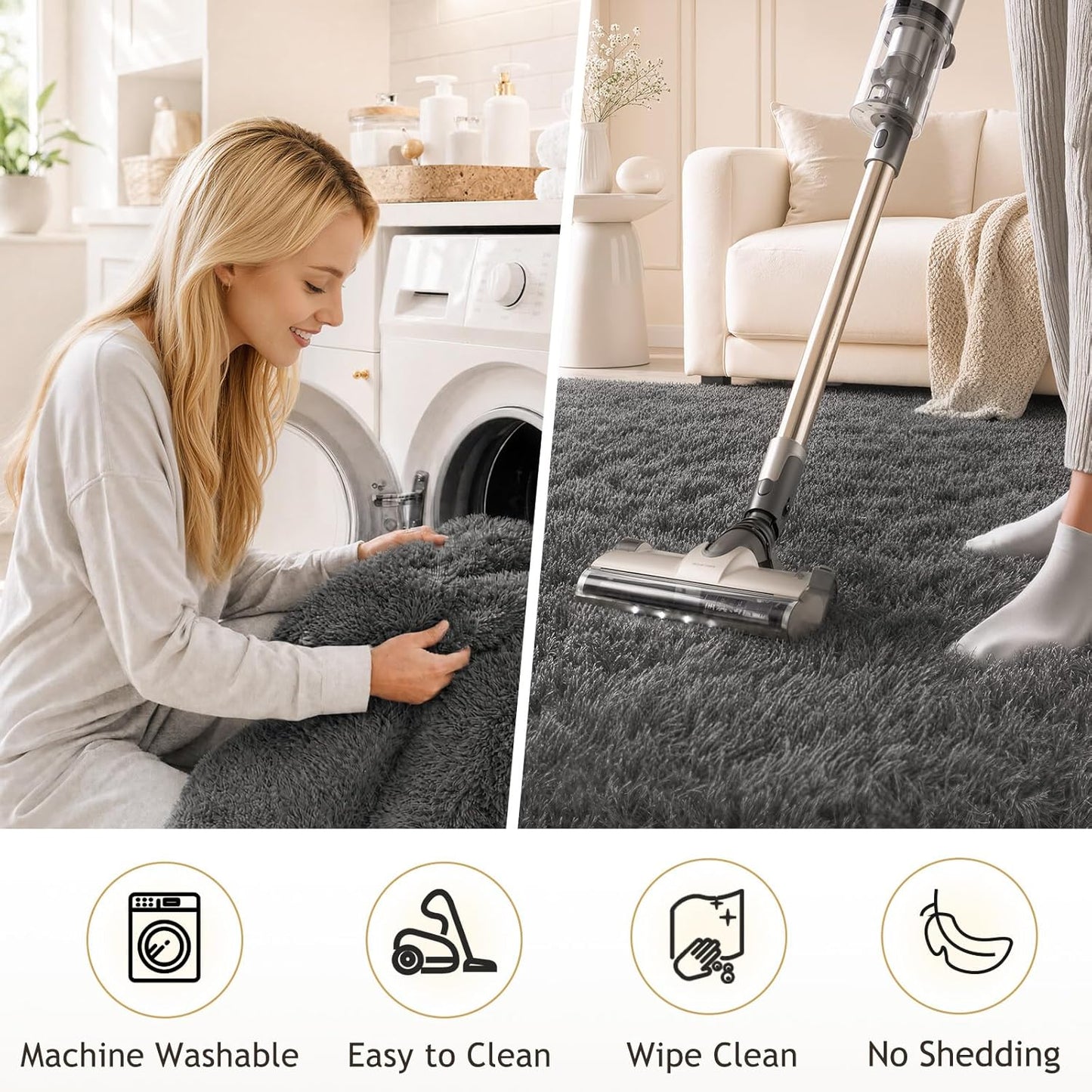 FLICKERGIFT  Area Rugs for Living Room Bedroom, Washable Non-Slip Fluffy Soft Grey Shag Carpet, Indoor Floor Gray 4x6 Fuzzy Shaggy Living Room Plush Rug for Kids Home Dorm Decor Aesthetic