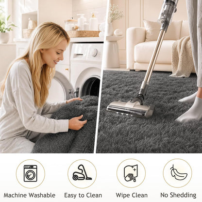 FLICKERGIFT  Area Rugs for Living Room Bedroom, Washable Non-Slip Fluffy Soft Grey Shag Carpet, Indoor Floor Gray 4x6 Fuzzy Shaggy Living Room Plush Rug for Kids Home Dorm Decor Aesthetic