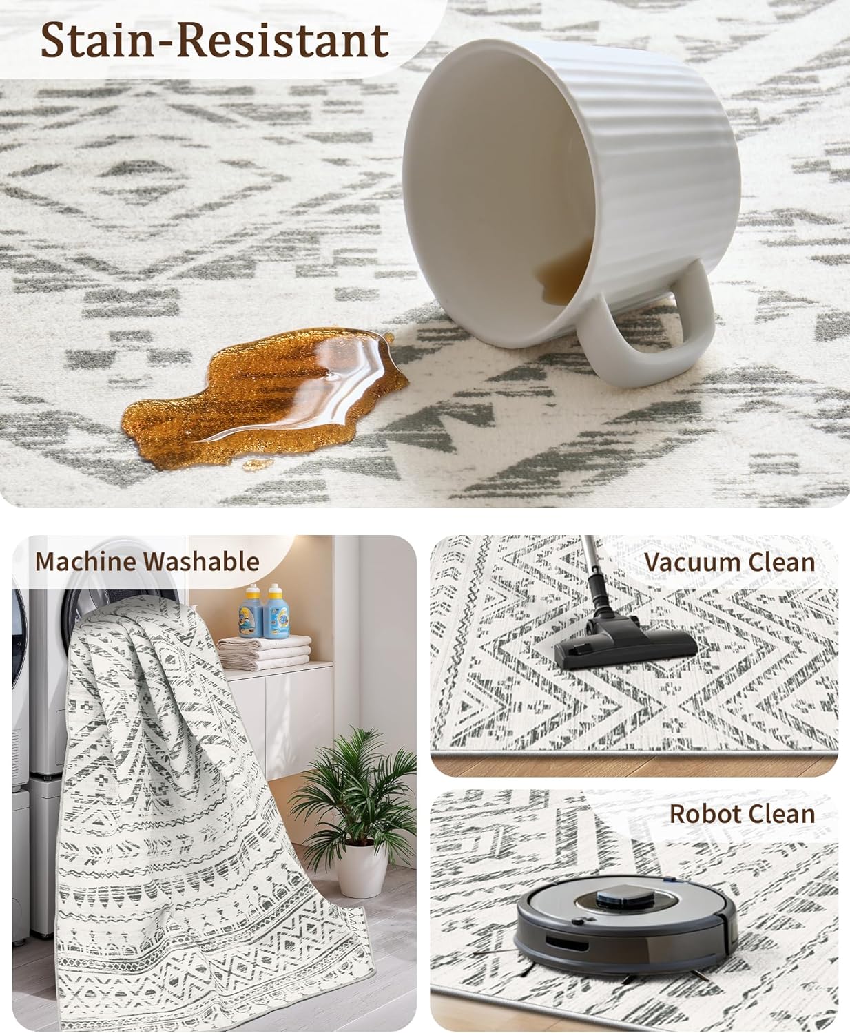 FLICKERGIFT 8x10 Area Rug for Living Room Moroccan Washable Rugs Non Slip Indoor Floor Carpet Foldable Large Soft Area Rug for Dining Room Bedroom with Low Pile(Grey,8'x10')