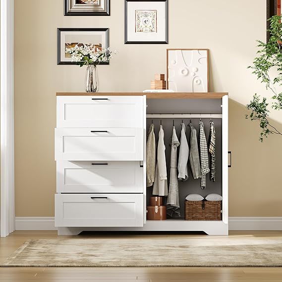 WAF-TOP 43.3'' H Armoire Wardrobe Closet with 4 Drawers and 2 Doors, Hanging Rod, Multifunctional Wooden Dresser with Storage Closet, Bathroom Cabinet for Bedroom, White