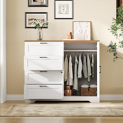 WAF-TOP 43.3'' H Armoire Wardrobe Closet with 4 Drawers and 2 Doors, Hanging Rod, Multifunctional Wooden Dresser with Storage Closet, Bathroom Cabinet for Bedroom, White