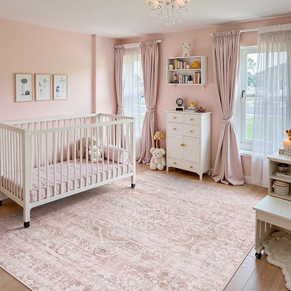 FLICKERGIFT Pink Rugs for Bedroom Girls,Cute Nursery Rug Boho Area Rugs 5x7,Floral Living Room Rug Carpet Ultra-Thin Soft Washable, Kids Rugs for Playroom Baby Room Decor Dorm Aube (Light Pink, 5'X7')