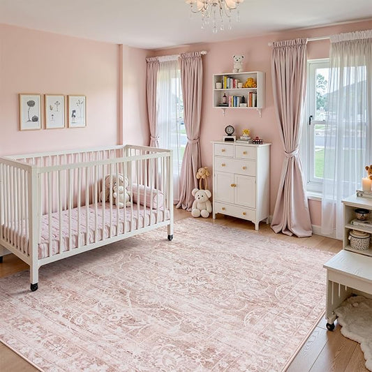 FLICKERGIFT Pink Rugs for Bedroom Girls,Cute Nursery Rug Boho Area Rugs 5x7,Floral Living Room Rug Carpet Ultra-Thin Soft Washable, Kids Rugs for Playroom Baby Room Decor Dorm Aube (Light Pink, 5'X7')