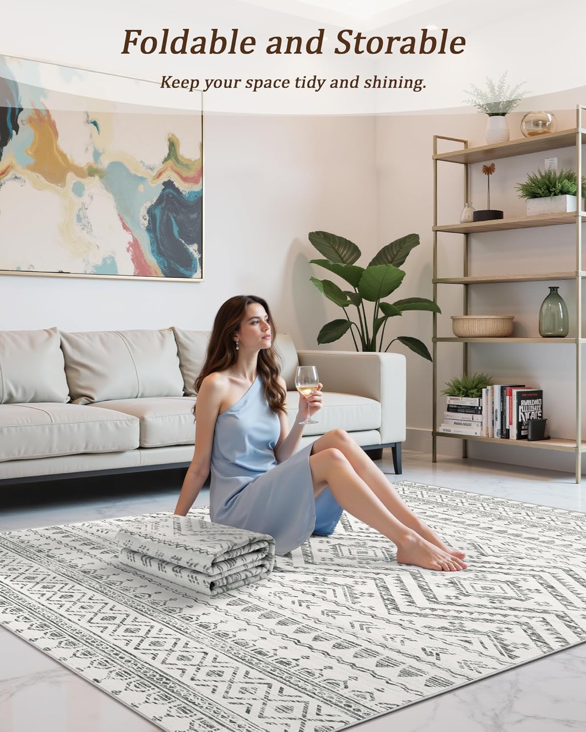 FLICKERGIFT 8x10 Area Rug for Living Room Moroccan Washable Rugs Non Slip Indoor Floor Carpet Foldable Large Soft Area Rug for Dining Room Bedroom with Low Pile(Grey,8'x10')