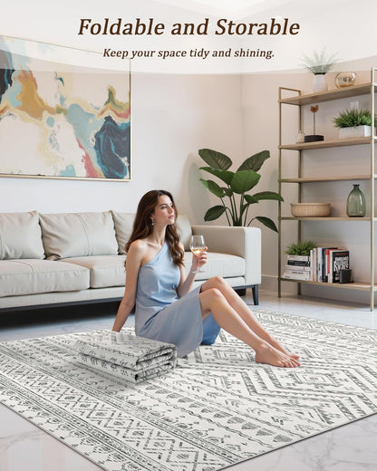 FLICKERGIFT 8x10 Area Rug for Living Room Moroccan Washable Rugs Non Slip Indoor Floor Carpet Foldable Large Soft Area Rug for Dining Room Bedroom with Low Pile(Grey,8'x10')