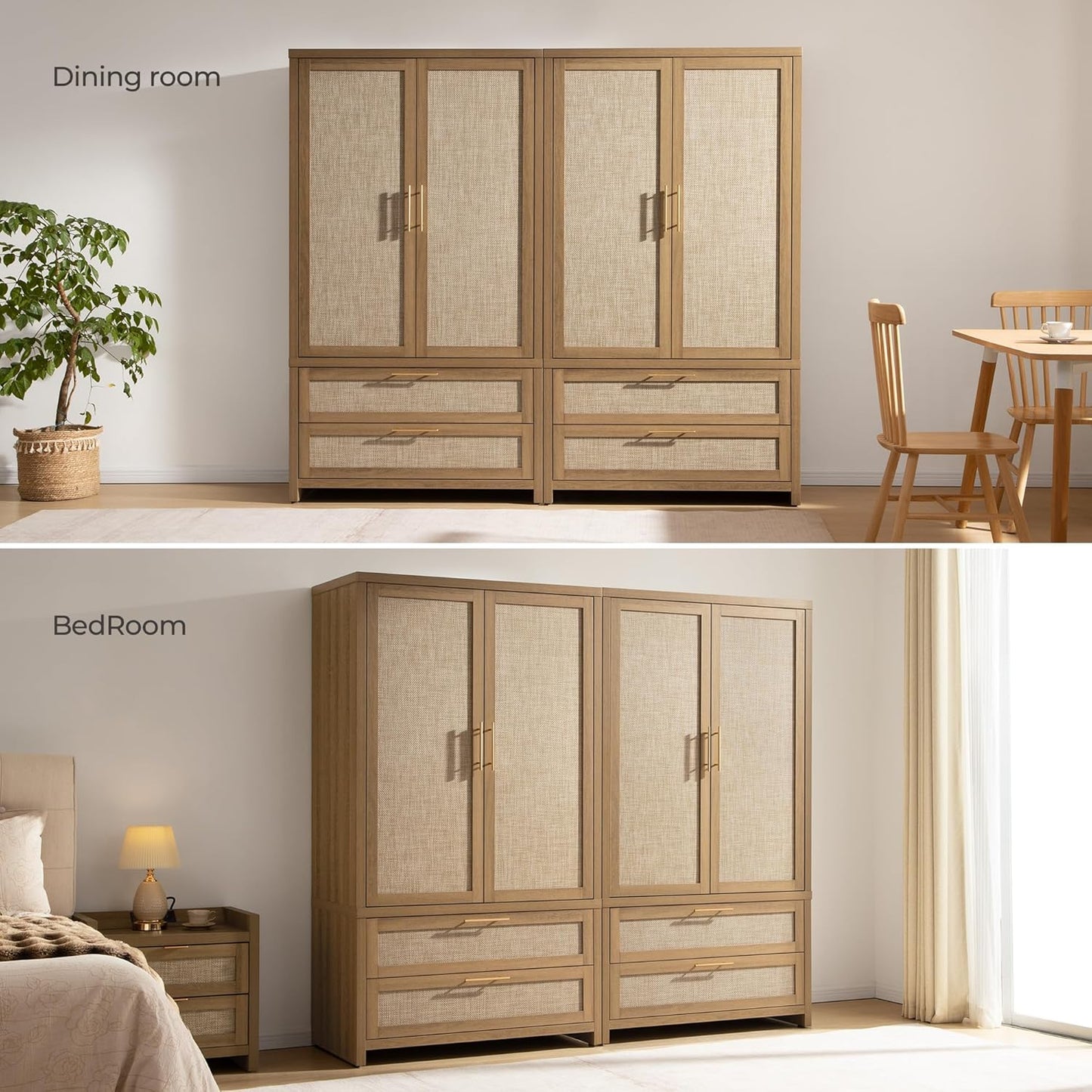 FLICKERGIFT Rattan Armoire Wardrobe Closet Cabinet, 71" Tall Wardrobe Storage Cabinet with 2 Drawers and Hanging Rod, Boho Large-Capacity Deep Armoire Clothes Organizer for Bedroom, Cloak Room, Oak