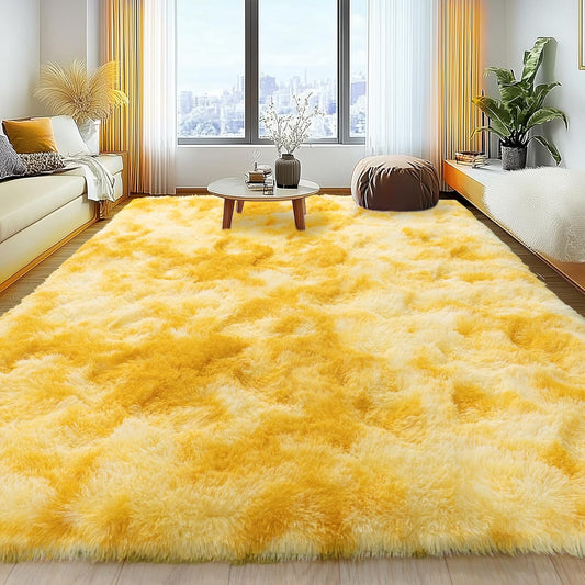 FLICKERGIFT Soft Fluffy Rug for Living Room, 4x6 Tie-Dyed Yellow Shag Area Rug for Bedroom Living Room, Non-Slip Fuzzy Carpet for Girls Boys Kids, Throw Rugs for Dorm, Modern Home Decor Aesthetic
