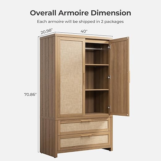 WAF-TOP Rattan Armoire Wardrobe Closet Cabinet, 71" Tall Wardrobe Storage Cabinet with 2 Drawers and Hanging Rod, Boho Large-Capacity Deep Armoire Clothes Organizer for Bedroom, Cloak Room, Oak
