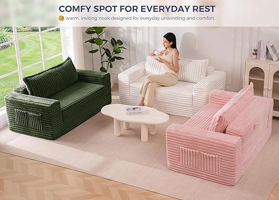 WAF-TOP Convertible Sofa Bed, 2 in 1 Folding Couch Bed for Small Space, Pull Out Loveseat Sleeper Sofa Couch with Large Back Pillow, Plush Fabric Lounge Couch for Living Room, Apartment, Dark Green