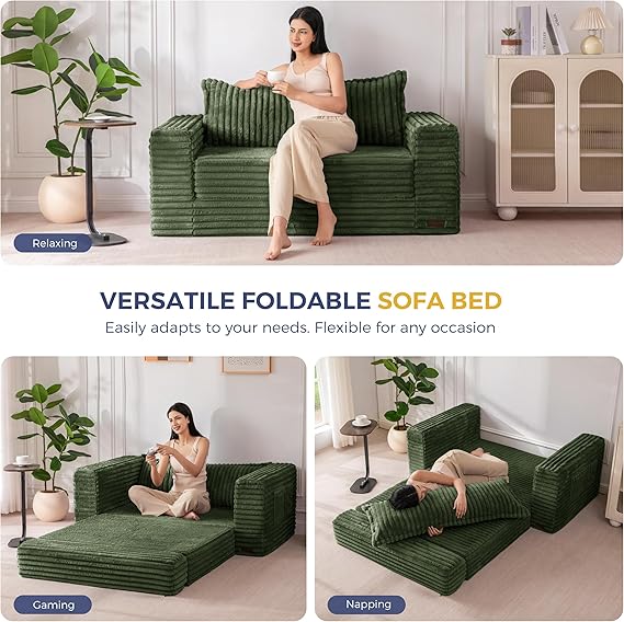 WAF-TOP Convertible Sofa Bed, 2 in 1 Folding Couch Bed for Small Space, Pull Out Loveseat Sleeper Sofa Couch with Large Back Pillow, Plush Fabric Lounge Couch for Living Room, Apartment, Dark Green