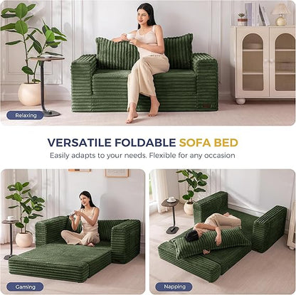 FLICKERGIFT Convertible Sofa Bed, 2 in 1 Folding Couch Bed for Small Space, Pull Out Loveseat Sleeper Sofa Couch with Large Back Pillow, Plush Fabric Lounge Couch for Living Room, Apartment, Dark Green