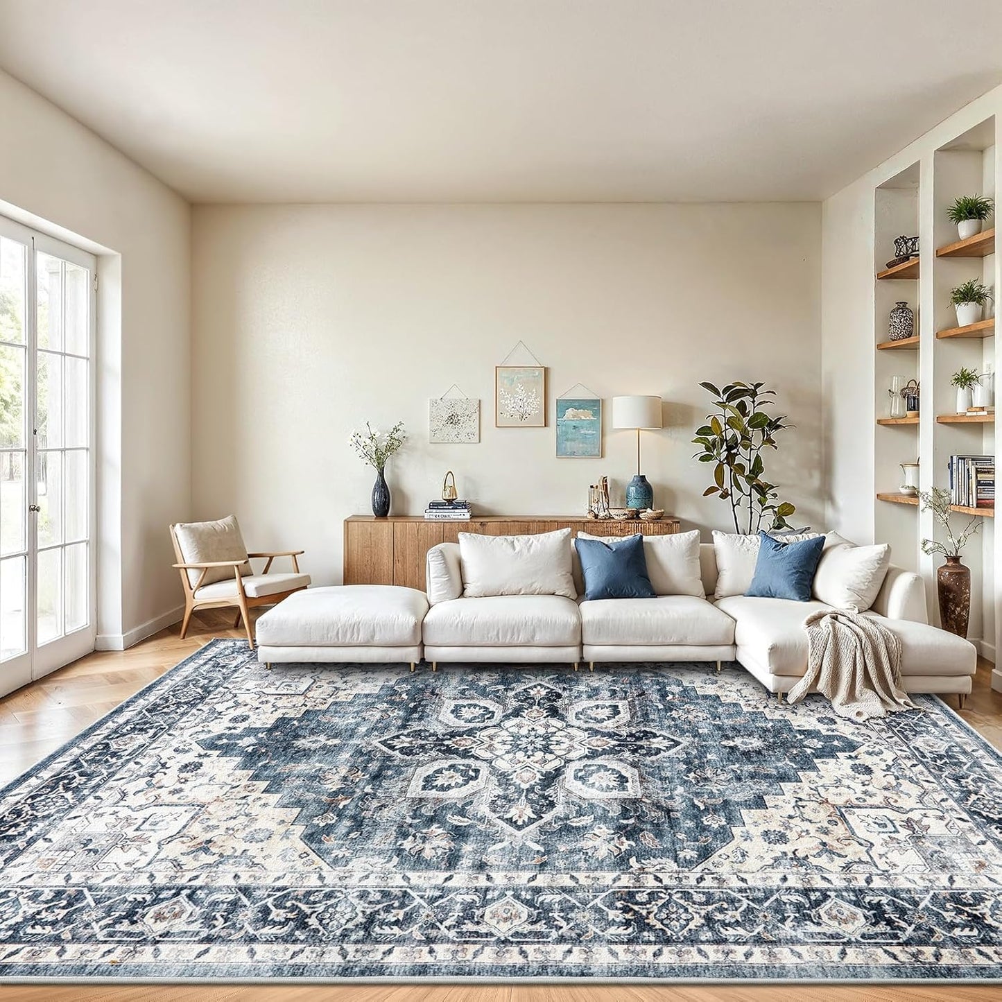 FLICKERGIFT HOMEFURNISHING 8x10 Washable Area Rug, Low-Profile with Non-Slip Backing & Durable Edge Binding, Vintage Large Rugs for Living Room, Bedroom, Dining Room, Blue