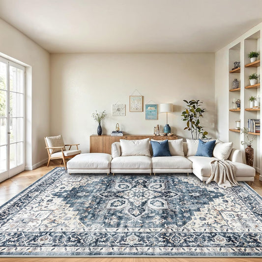 FLICKERGIFT HOMEFURNISHING 8x10 Washable Area Rug, Low-Profile with Non-Slip Backing & Durable Edge Binding, Vintage Large Rugs for Living Room, Bedroom, Dining Room, Blue