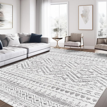 FLICKERGIFT 8x10 Area Rug for Living Room Moroccan Washable Rugs Non Slip Indoor Floor Carpet Foldable Large Soft Area Rug for Dining Room Bedroom with Low Pile(Grey,8'x10')