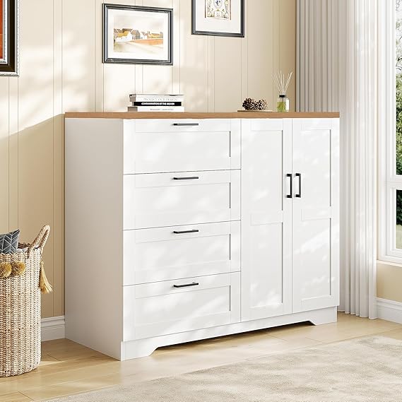 WAF-TOP 43.3'' H Armoire Wardrobe Closet with 4 Drawers and 2 Doors, Hanging Rod, Multifunctional Wooden Dresser with Storage Closet, Bathroom Cabinet for Bedroom, White